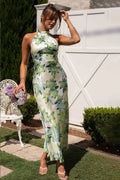 Abigail Chic Printed Halterneck Midi Dress in Backless Satin Premium Wardrobe Essential