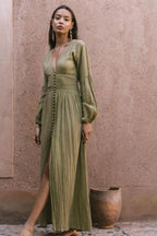 Giselle V - neck Plisse Maxi Milkmaid Dress