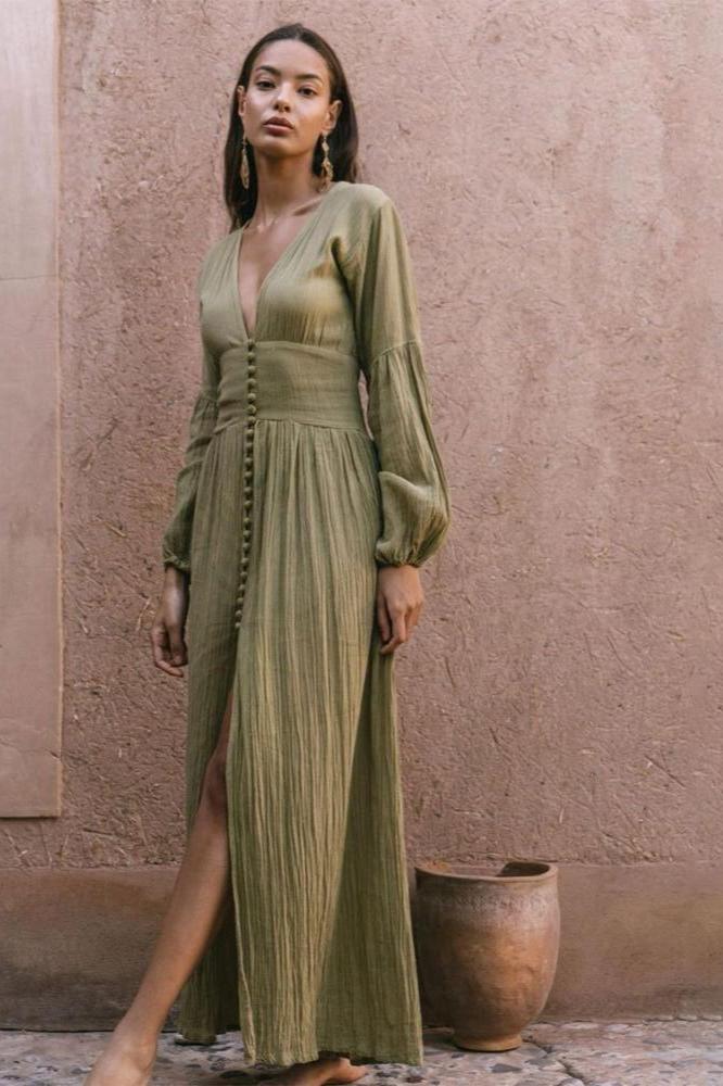 Giselle V - neck Plisse Maxi Milkmaid Dress