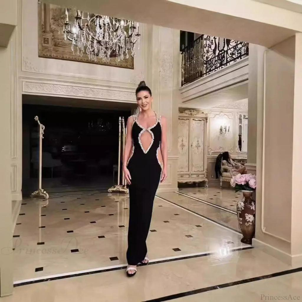 Glamorous Black Strapless Rhinestone Halter Gown Prom Dress