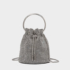Crystal Embellished Silver Drawstring Crossbody Bucket Bag