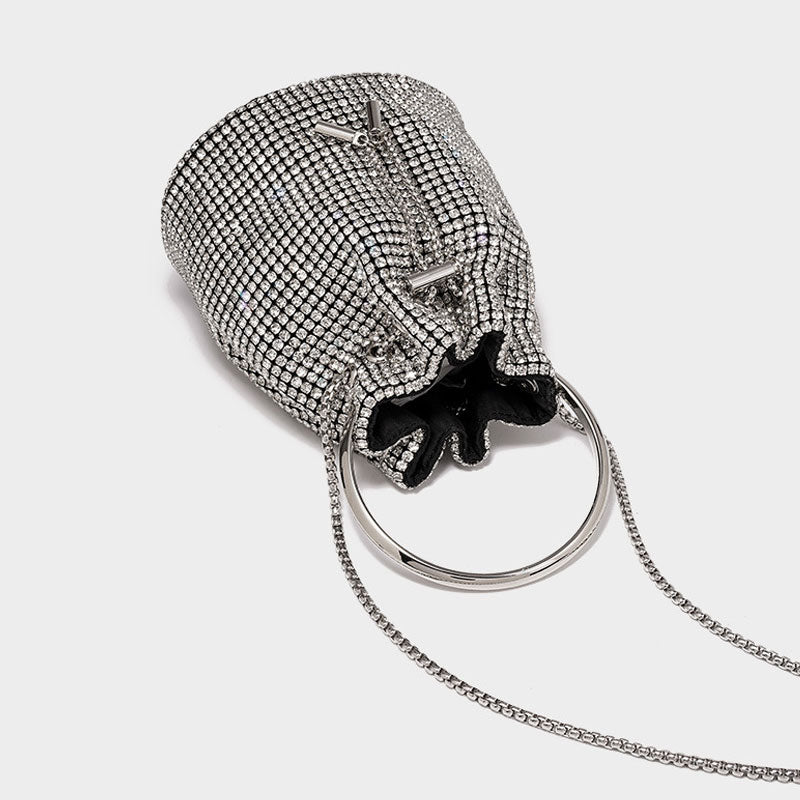 Crystal Embellished Silver Drawstring Crossbody Bucket Bag
