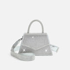 Crystal Embellished Foldover Top Handle Crossbody Bag in Silver