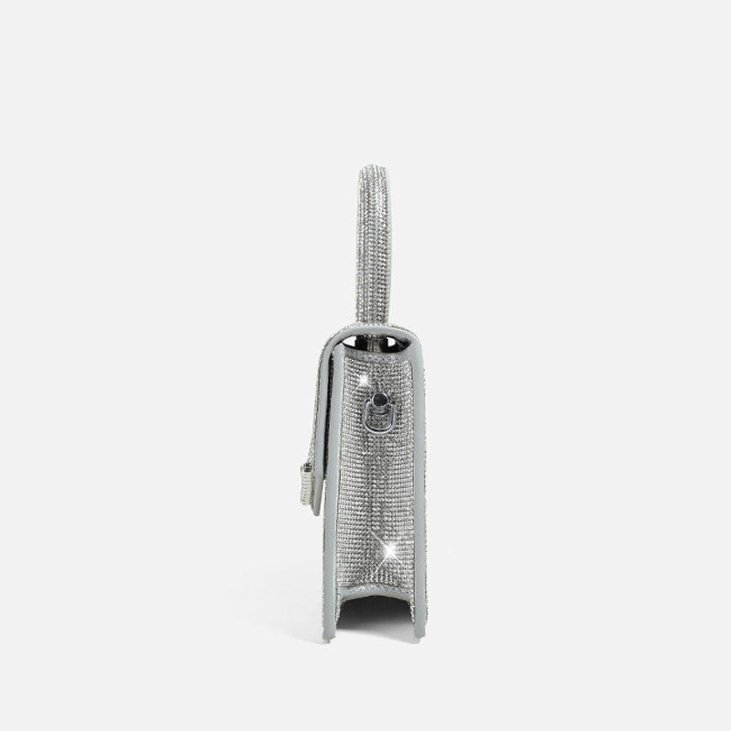 Crystal Embellished Foldover Top Handle Crossbody Bag in Silver