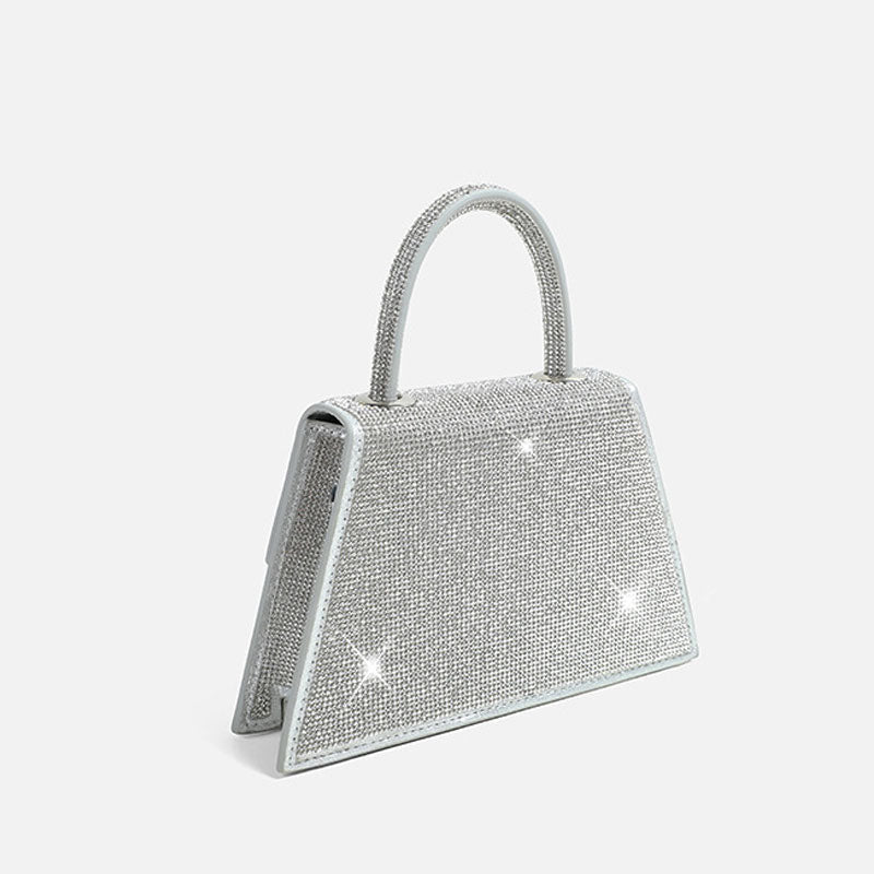 Crystal Embellished Foldover Top Handle Crossbody Bag in Silver