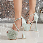 Glittering Rhinestone Flower Platform Sandals Sexy Peep-Toe Pole-Dance Wedding Banquet Pumps High Heel