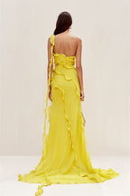 Paulina Premium Maxi Chiffon Dress with One Shoulder Straps and Ruffles Statement Occasion Edit