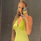 Halter V Neck Cocktail Midi Dress - Green