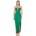 Crisscross Trim Ruched Cut Out Sleeveless Slit Gown Maxi Dress - Green