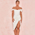 Off Shoulder Draped Corset Cocktail Midi Dress - White