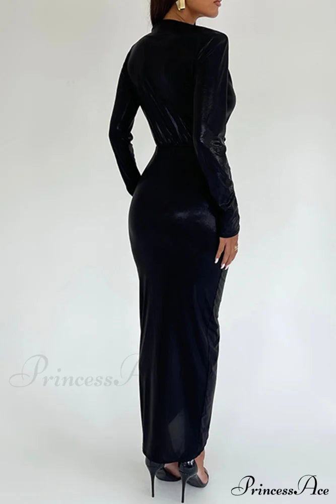 Glossy V Neck Ruched Slit Dress