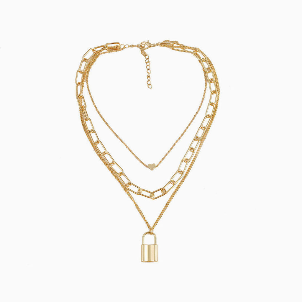 Layered Chain-Link Gold Lock Pendant Necklace