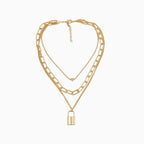 Layered Chain-Link Gold Lock Pendant Necklace
