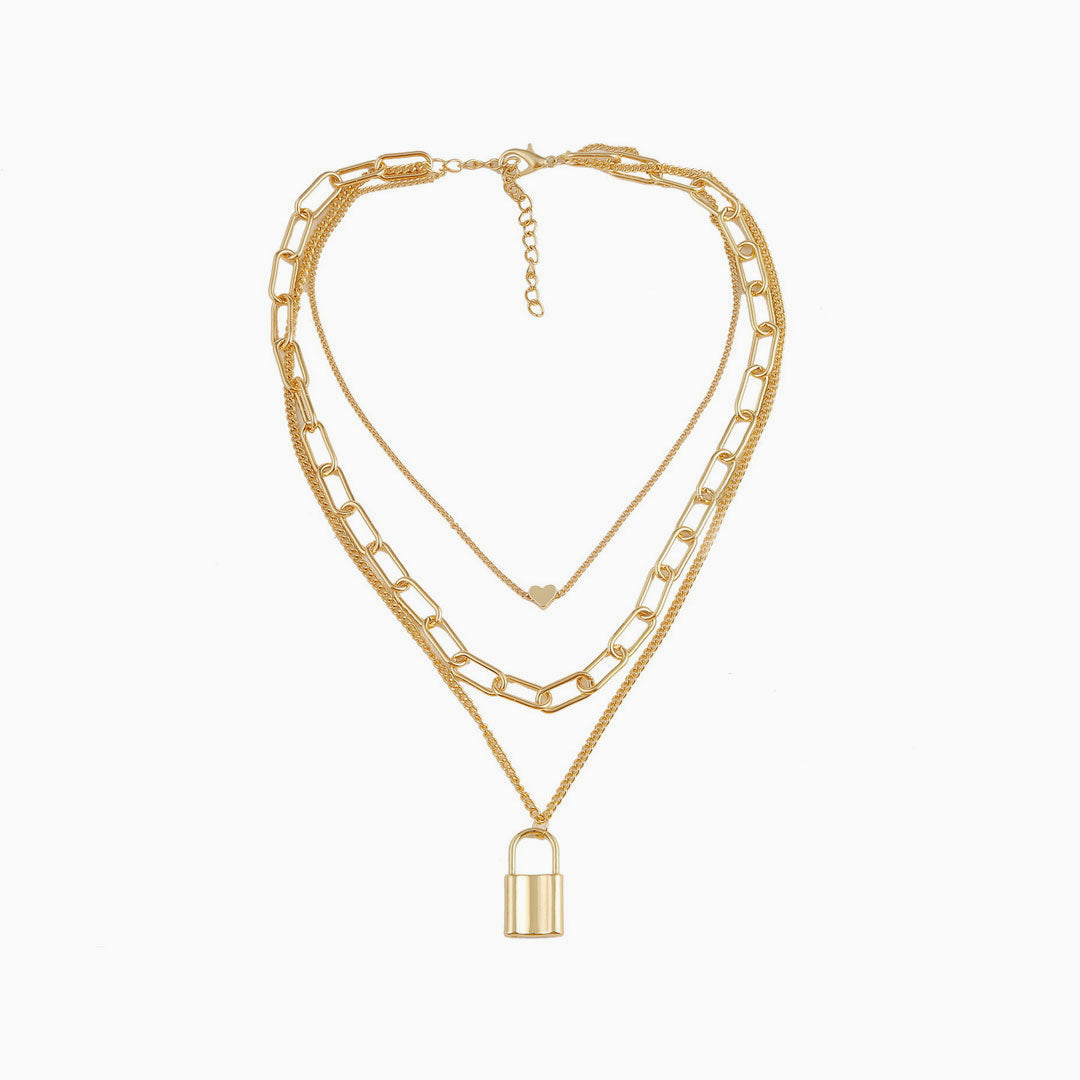 Layered Chain-Link Gold Lock Pendant Necklace