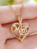 Golden Mom Heart Pendant with Rhinestone Floral Cut-out