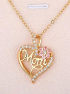 Golden Mom Heart Pendant with Rhinestone Floral Cut-out