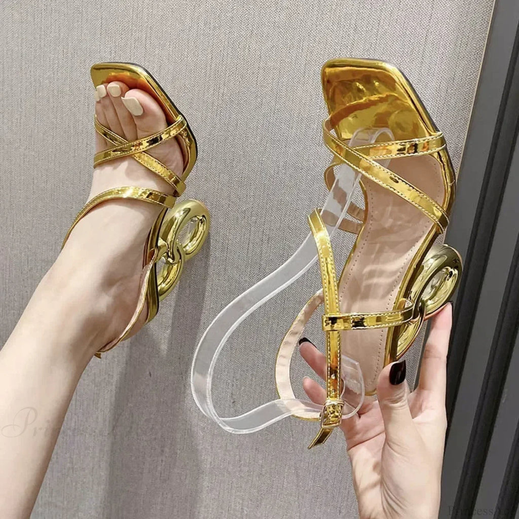 Gold Sexy Strange High Heels Gladiator Narrow Band Square ToeBuckle Strap Wedding Banquet Pumps High Heel