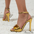 Gold Snake Print Leather Square Toe Crystal Ankle Strap Sandals High Heels Party Dress Shoes - Size 43