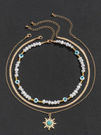 Turquoise and Pearl Layered Necklace with Bohemian Sunburst 디자인