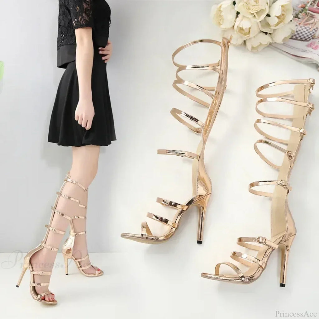 Golden 12CM Thin High Heels Gladiator Peep Toe Narrow Band Hollow Buckle Zipp Party High Heel