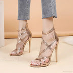 Golden Narrow Band Cross Strap Peep Toe Rear Zipper Thin High Heels Banquet Shoes High Heel
