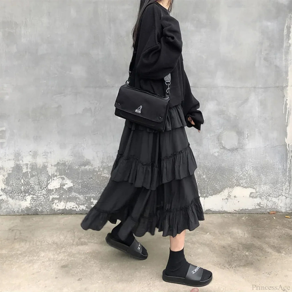 Gothic High Low Ruched Ruffle Skirt