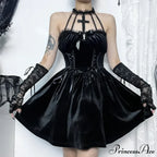 Gothic Velvet Criss-Cross Halter Vintage Draped Lace Sleeveless Bodycon Backless A-Line Dress