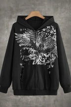 Gothic Wing Print Zip Up Hoodie