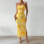 Yellow Graphic Off Shoulder Midi Dress