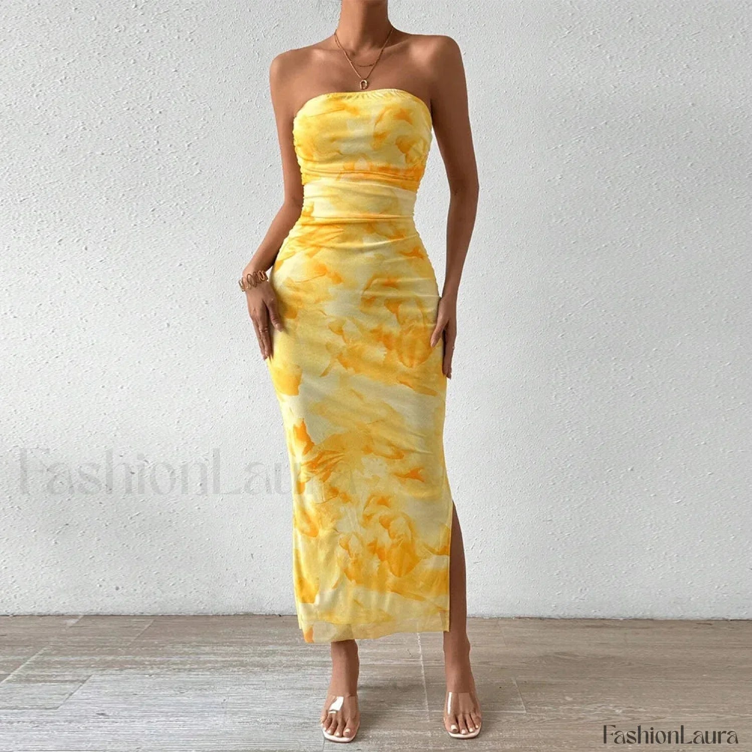 Yellow Graphic Off Shoulder Midi Dress