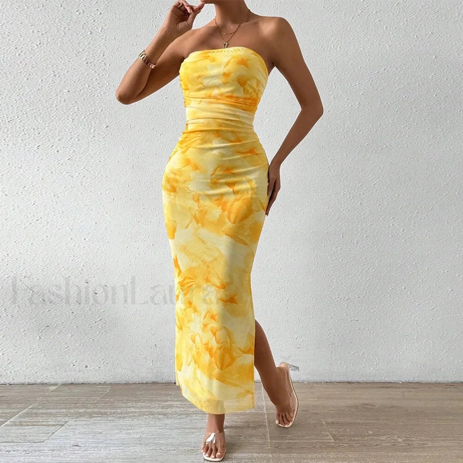 Yellow Graphic Off Shoulder Midi Dress
