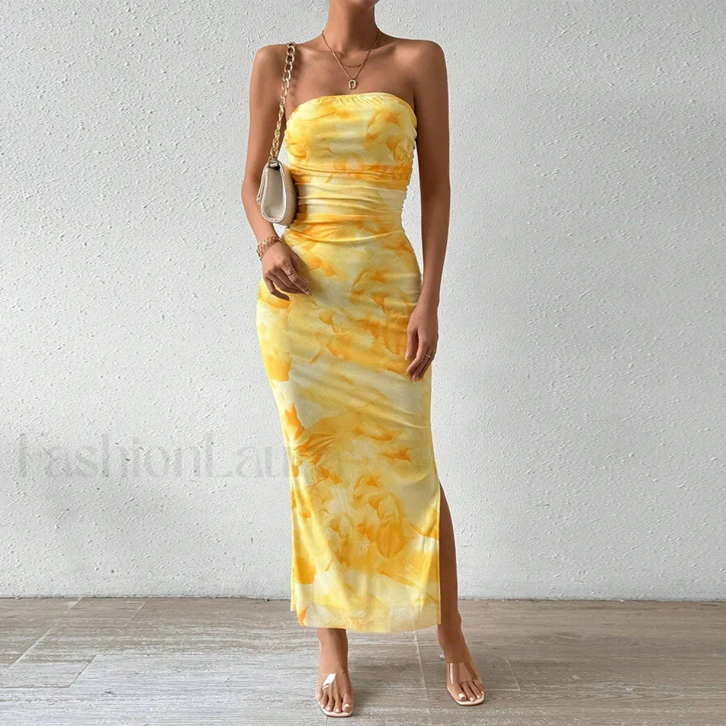 Yellow Graphic Off Shoulder Midi Dress