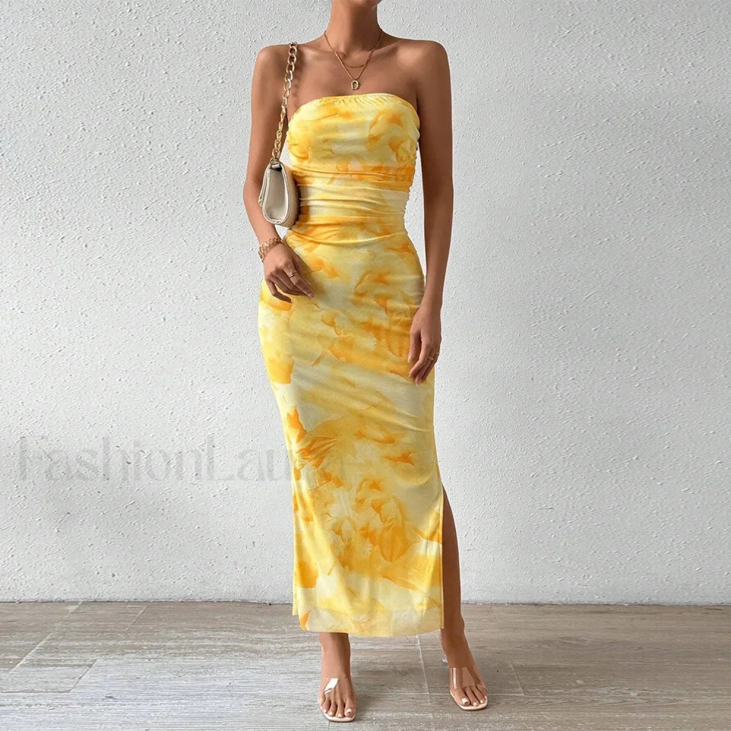 Yellow Graphic Off Shoulder Midi Dress