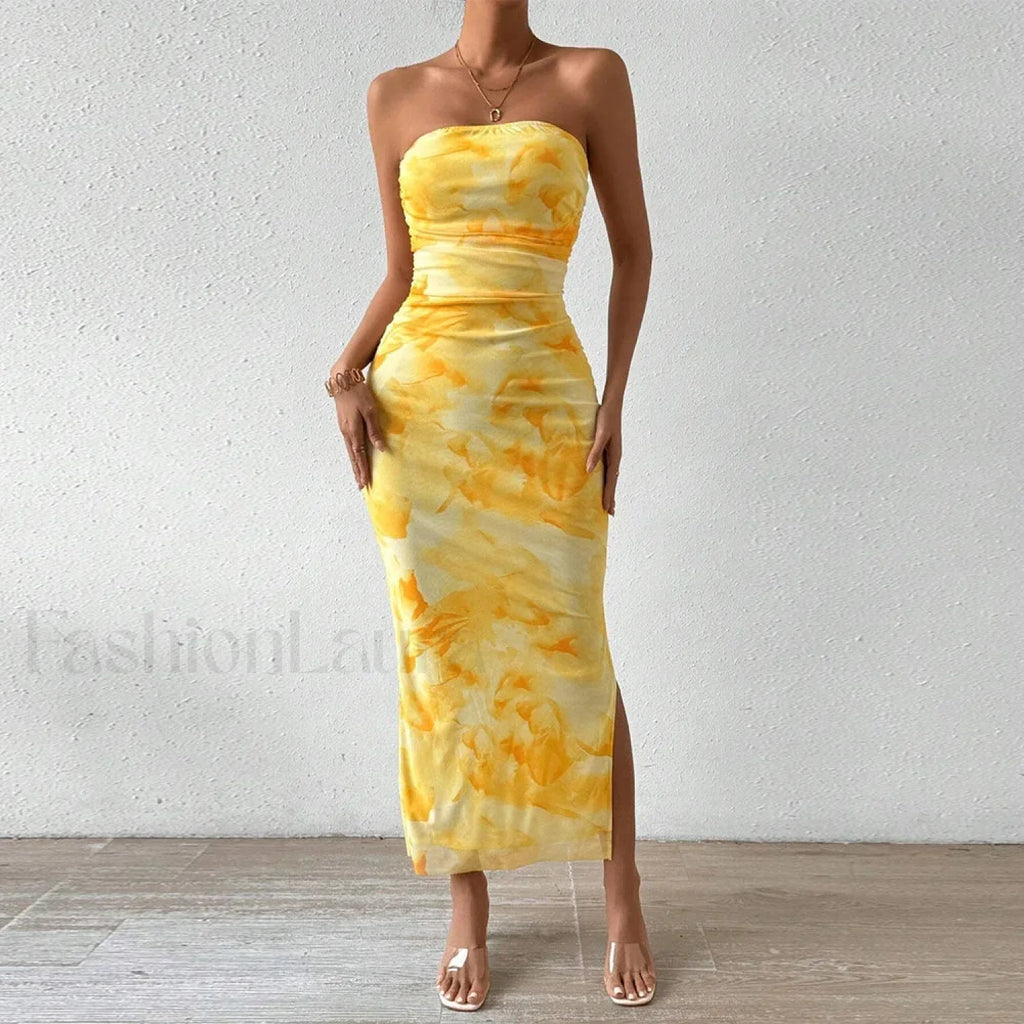 Yellow Graphic Off Shoulder Midi Dress