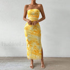 Yellow Graphic Off Shoulder Midi Dress