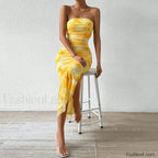 Yellow Graphic Off Shoulder Midi Dress