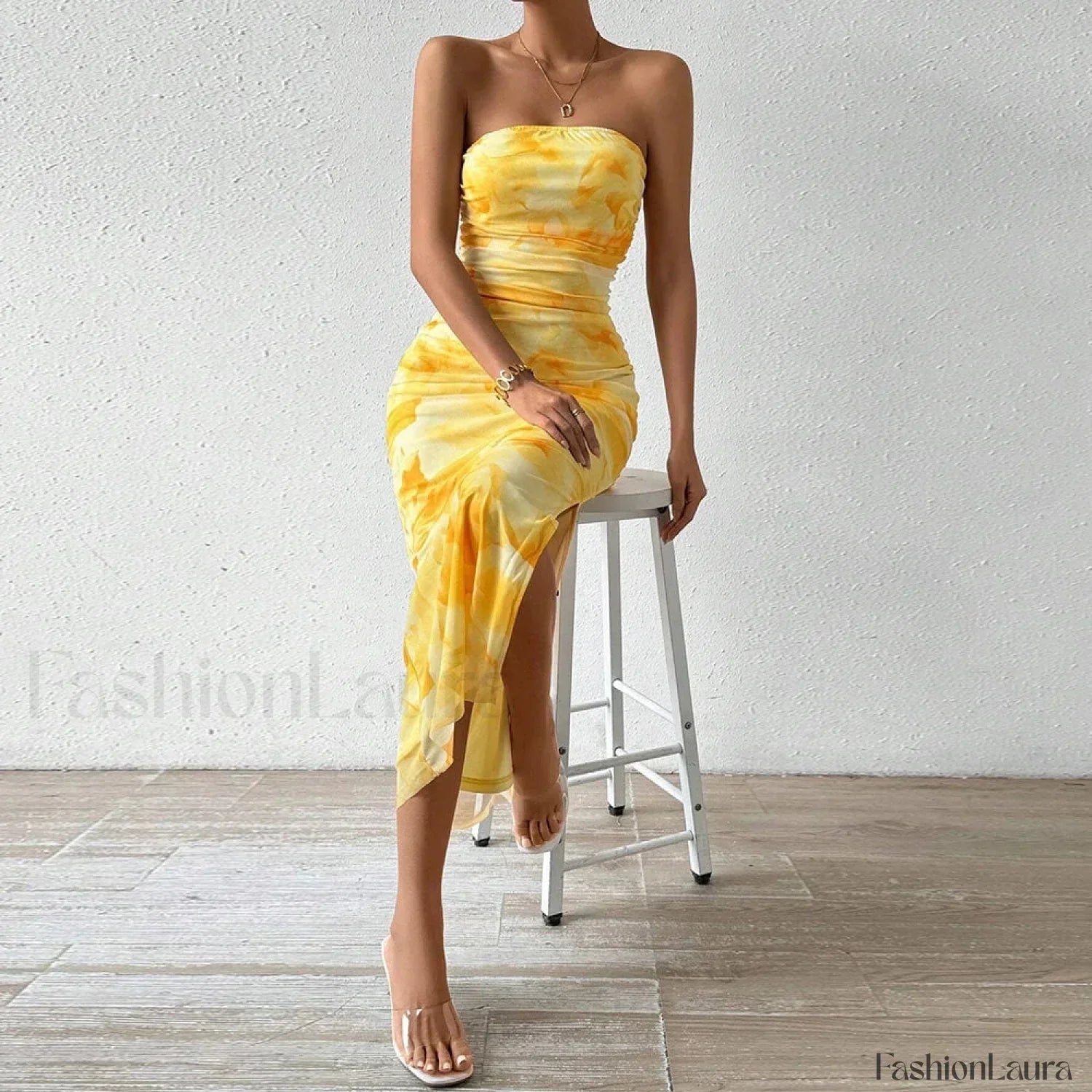 Yellow Graphic Off Shoulder Midi Dress