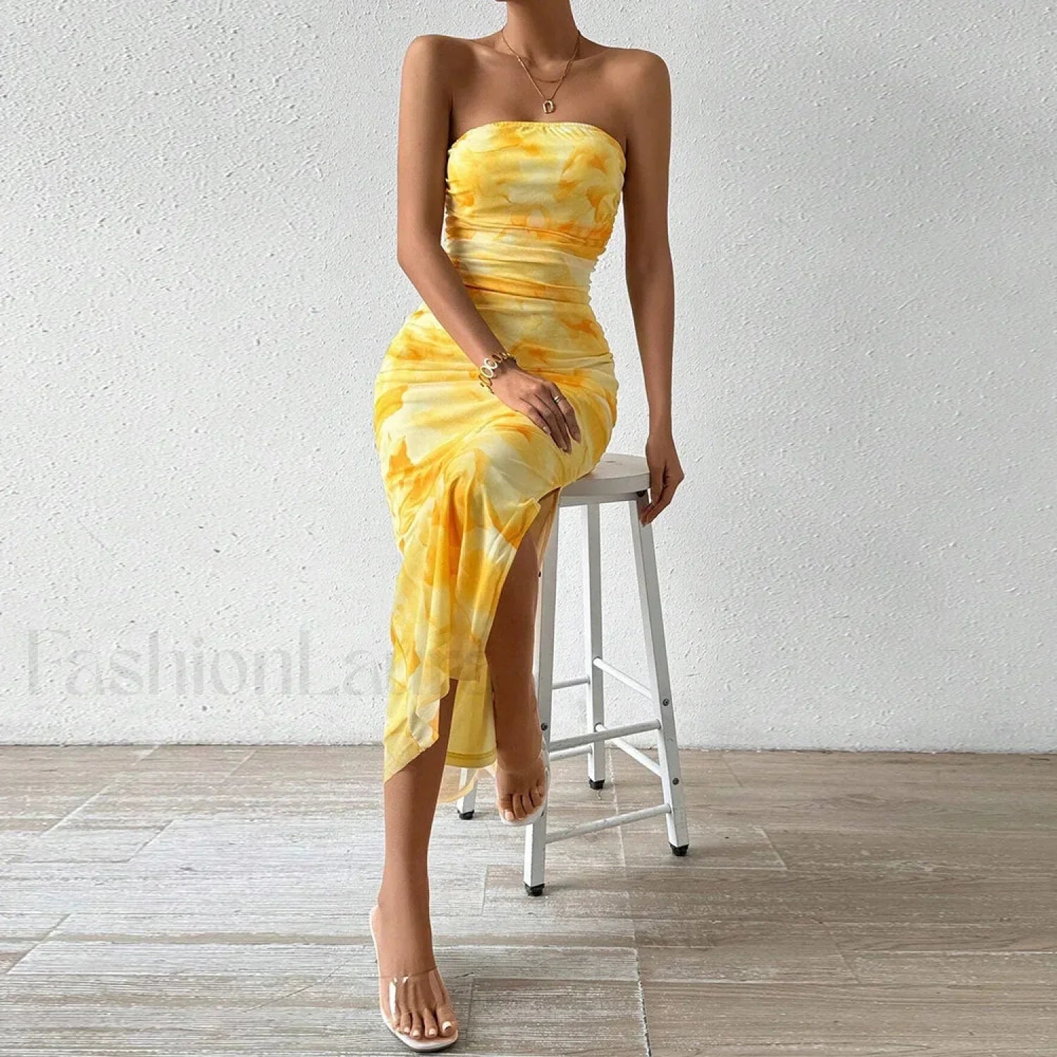 Yellow Graphic Off Shoulder Midi Dress