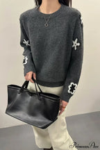 Gray Floral Pattern Slim-Fit Loose Pullover Sweater