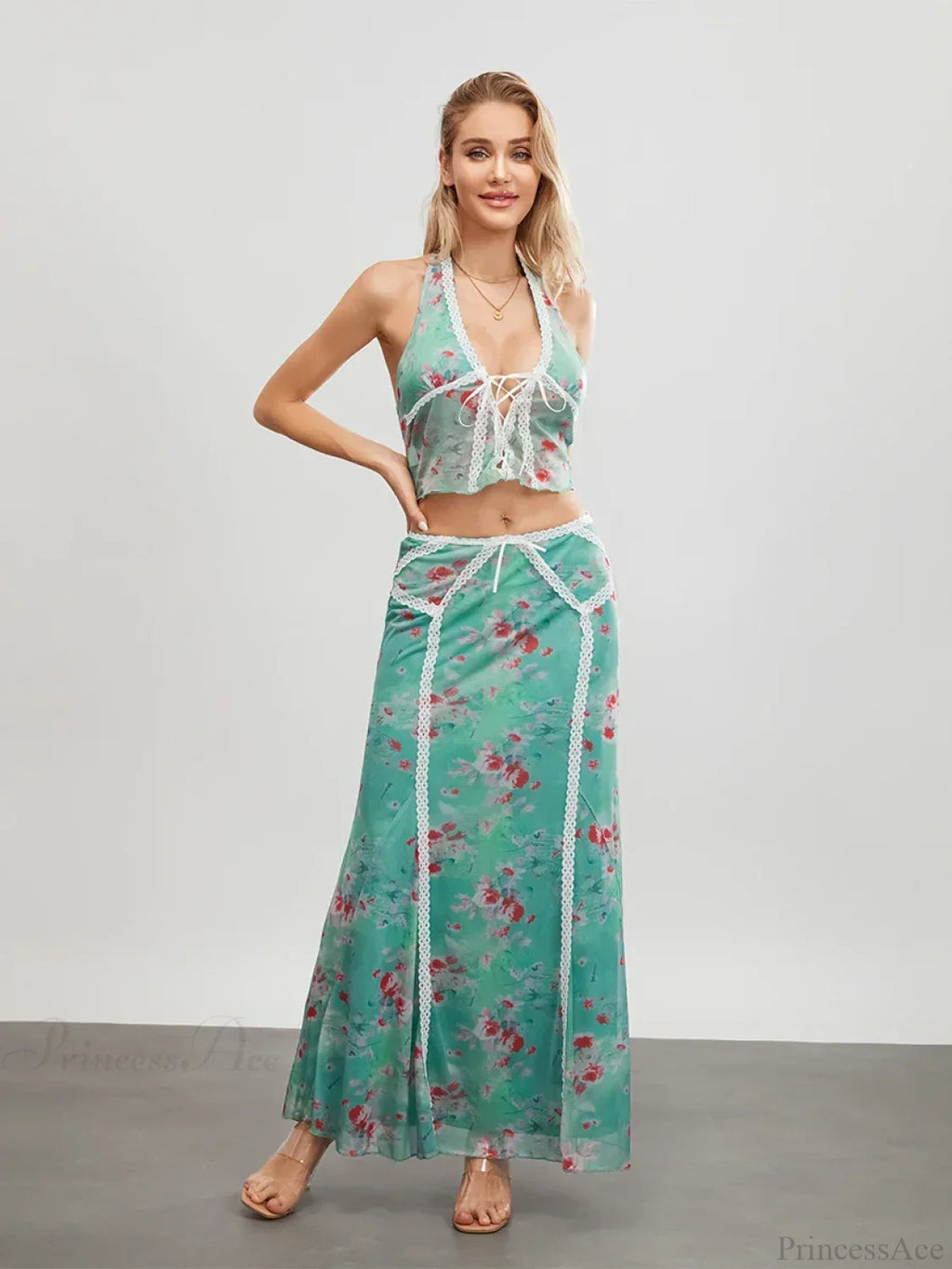 Green Floral Sleeveless Tie-up Halter Backless Long Floral Dress