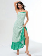 Green Floral Tie-up Back Cross Flowy Floral Dress