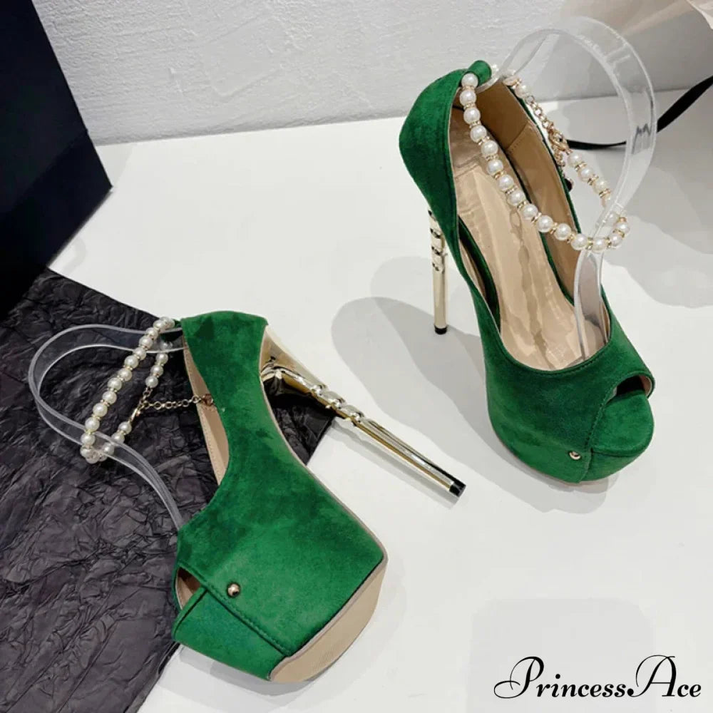 Green Peep Toe Wedding Banquet High Heels Platform Pumps with Ankle Strap