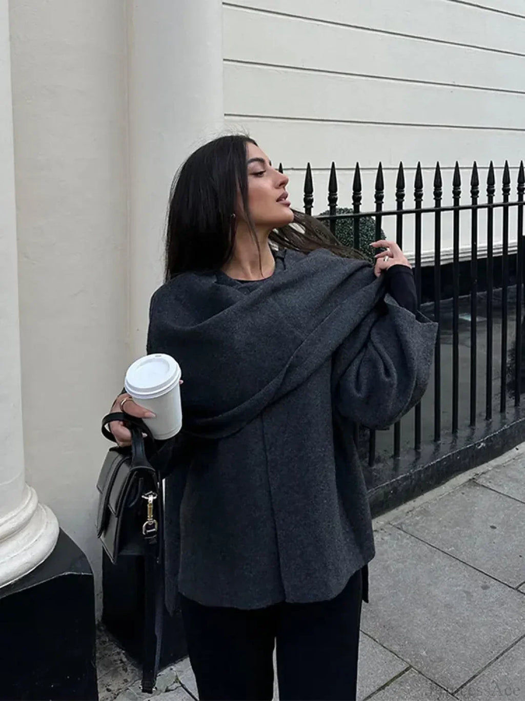 Grey Scarf Collar Woolen Coat