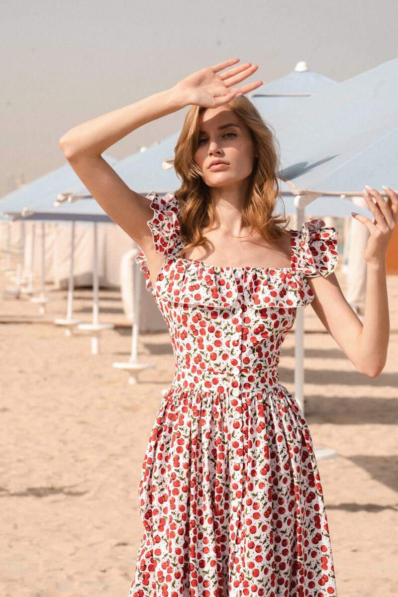 Olga Boutique Ruffled Cherry Print Midi Dress Evening Wear Edit