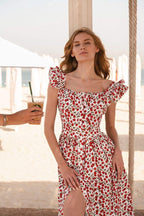 Olga Boutique Ruffled Cherry Print Midi Dress Evening Wear Edit