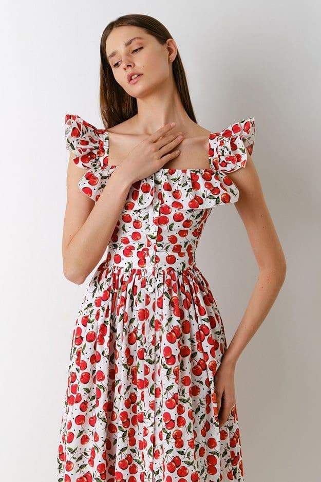 Olga Boutique Ruffled Cherry Print Midi Dress Evening Wear Edit