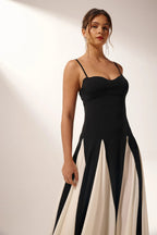 Spaghetti Strap Sweetheart Corset Bodice Pleated Godet Panel Maxi Dress