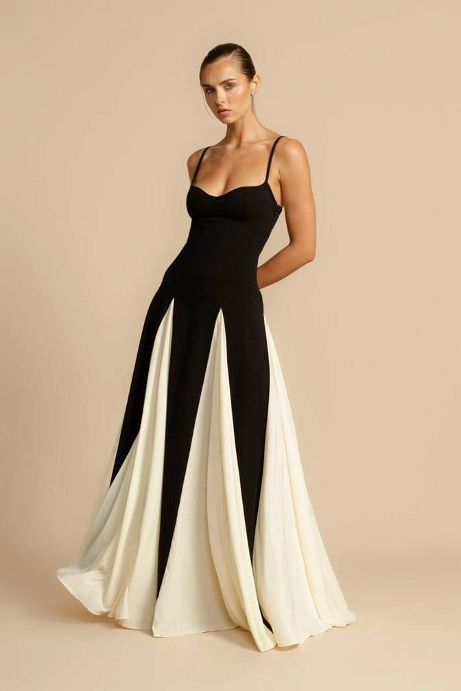 Spaghetti Strap Sweetheart Corset Bodice Pleated Godet Panel Maxi Dress