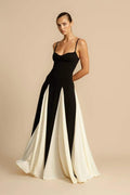 Spaghetti Strap Sweetheart Corset Bodice Pleated Godet Panel Maxi Dress