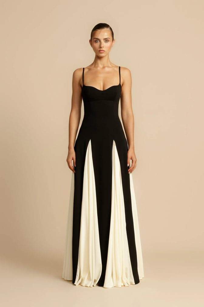 Spaghetti Strap Sweetheart Corset Bodice Pleated Godet Panel Maxi Dress